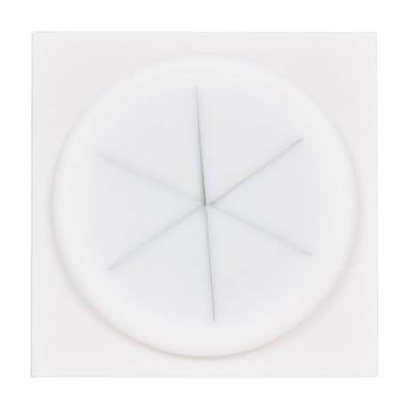 AV:Link silicone grommet wall plate module with a split filled aperture in a square white snap-in housing, shown on a plain background.