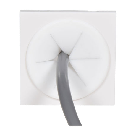 AV:Link white square wall plate module with central silicone grommet aperture, a grey cable feeding through the split opening, on a plain background.