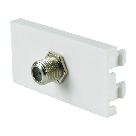 AV:Link F-Type satellite wall plate module in white with a nickel-plated screw coupler and side clips, shown on a plain white background.