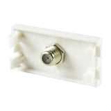 AV:Link F-Type satellite wall plate module in white ABS with a single nickel-plated screw coupler, shown from the rear on a plain background.