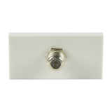 AV:Link F-Type satellite wall plate module in white with a single nickel-plated screw coupler, 50 x 25mm flat-plate insert on a plain background.