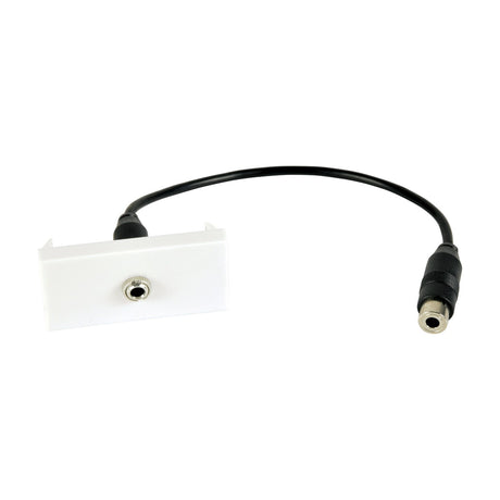 AV:Link white 3.5mm stereo jack wall plate module with short black female fly lead at the rear, on a plain white background.