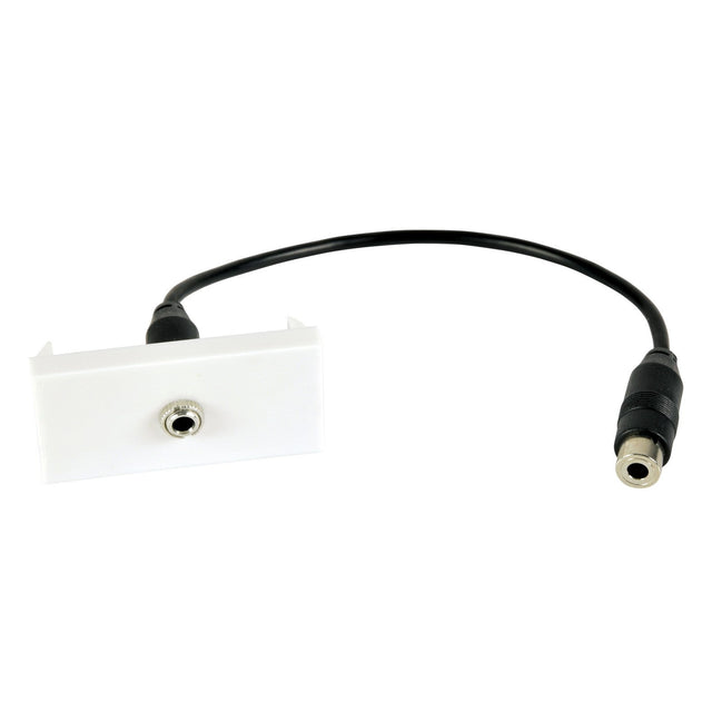 A black audio cable equipped with a 3.5mm stereo jack on one end and an AV:Link Wall Plate Module, which is white and features a female port, on the other end, all set against a white background.