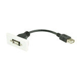 AV:Link USB 2.0 Type-A wall plate module in white with single USB-A socket and 155mm black female tail, shown on a plain background.