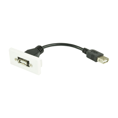 AV:Link USB 2.0 Type-A wall plate module in white with single USB-A socket and 155mm black female tail, shown on a plain background.