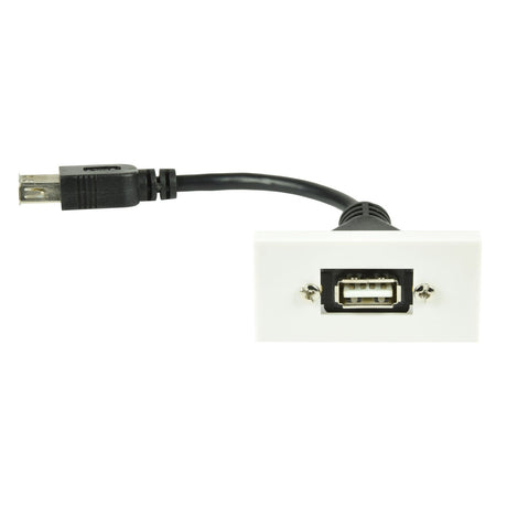 The AV:Link Wall Plate Module - USB 2.0 Type-A Socket To Female Tail, is a sleek white cable perfect for USB peripherals, with a USB port on one end and a smaller black connector on the other, set against a clean white background.