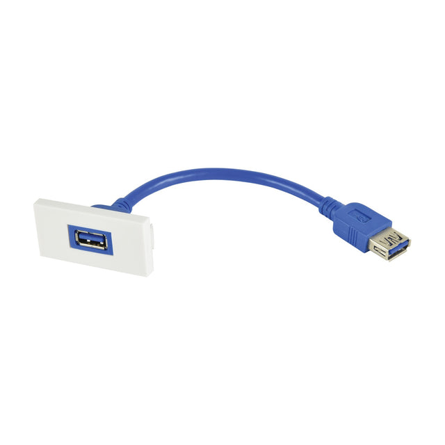 AVSL USB 3.0 Type-A wall plate module in white 50mm x 25mm clip-in format with blue female USB tail extending from the rear, on a plain background.