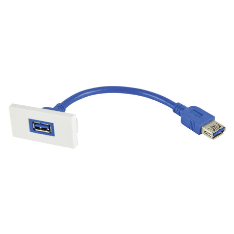 The AV:Link Wall Plate Module - USB 3.0 Type-A Socket To Female Tail includes a blue high-speed USB 3.0 extension cable with a male connector on one end and a sleek white wall plate module featuring a female USB port on the other end.