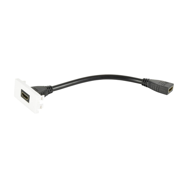 AV:Link HDMI wall plate euromodule by AVSL with white faceplate, gold-plated HDMI 2.0 socket and short black female HDMI tail lead at the rear.