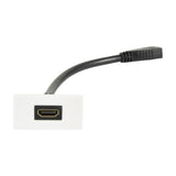 AV:Link HDMI wall plate module by AVSL with gold-plated HDMI 2.0 socket on a white euromodule and short black female HDMI tail, on a white background.