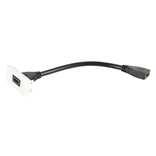 The AV:Link Wall Plate Module features a black HDMI extension cable with a white panel mount connector on one end and a black HDMI female socket on the other. Its slightly curved design facilitates easy installation, making it ideal for connecting HD display devices.