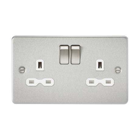 A sleek double wall socket from our collection, the 13A 2 Gang DP Switched Socket With Twin Earths showcases a flat plate metal design and brushed chrome finish, equipped with two switched sockets.