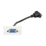 AV:Link VGA wall plate module in white with blue 15-pin socket on the faceplate and a short black female VGA tail cable at the rear.
