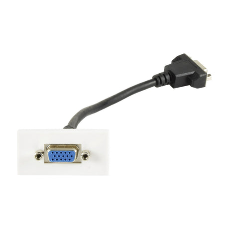 AV:Link VGA wall plate module in white with blue 15-pin socket on the faceplate and a short black female VGA tail cable at the rear.