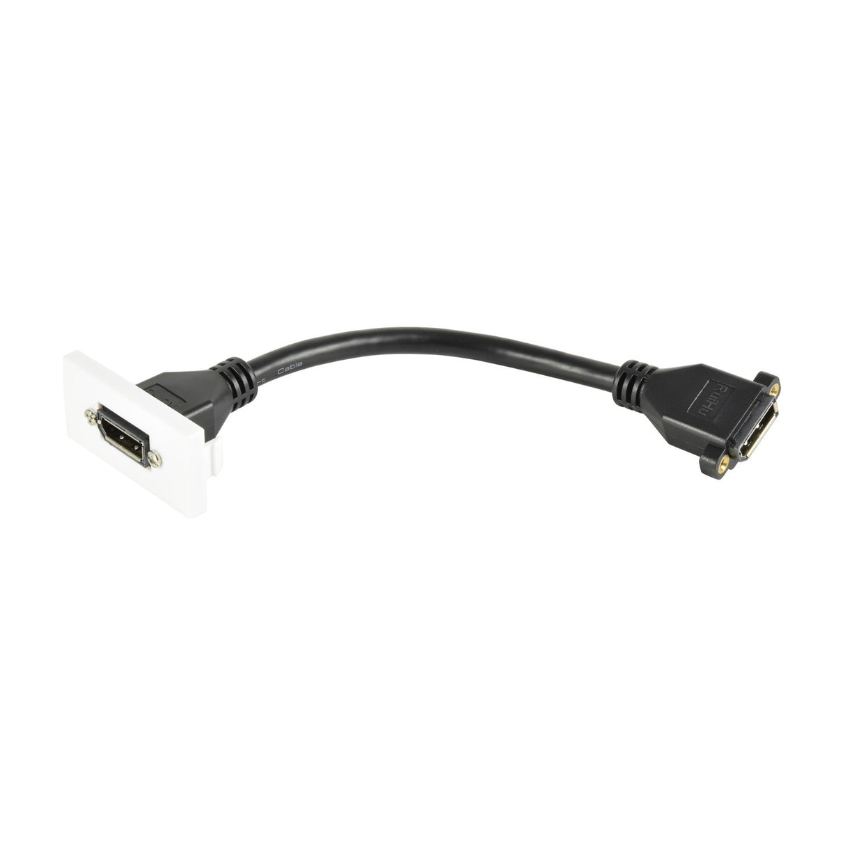 AV:Link DisplayPort female tail wall plate module with white clip-in faceplate and short black DisplayPort cable, on a plain white background.