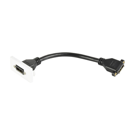 AV:Link DisplayPort female tail wall plate module with white clip-in faceplate and short black DisplayPort cable, on a plain white background.