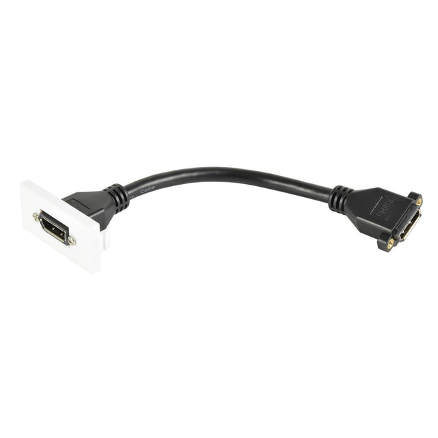 A black AV:Link Wall Plate Module, ideal for connecting HD display devices, features a flexible short cord with a DisplayPort socket on one end and a wall plate connector on the other.