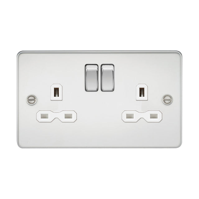 A 13A 2 Gang DP switched socket with polished chrome finish and flat plate design, featuring two white insert plug ports. Each port has a switch above for power control, and the socket is equipped with twin earths and two screw holes for easy mounting.