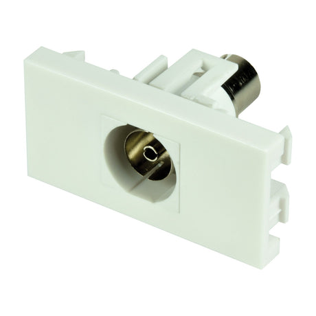 AV:Link coaxial keystone module in white, a small clip-in TV aerial coupler with front and rear coaxial ports, shown on a plain background.