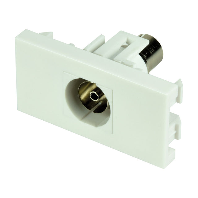 AV:Link coaxial keystone module in white, a small clip-in TV aerial coupler with front and rear coaxial ports, shown on a plain background.