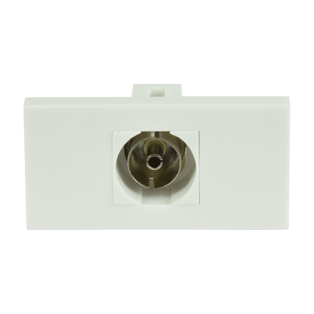 AV:Link coaxial keystone module in white, a 50mm x 25mm clip-in TV aerial coupler with front female coax port, shown against a plain background.