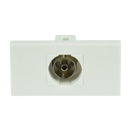 AV:Link coaxial keystone module in white, a 50mm x 25mm clip-in TV aerial coupler with front female coax port, shown against a plain background.