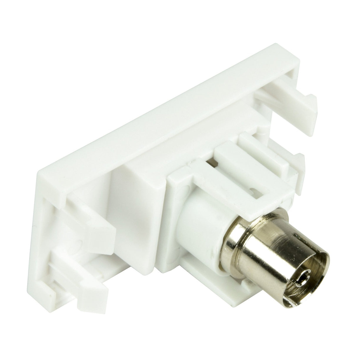 AV:Link white coaxial keystone module with metal female coax socket and clip-in plastic housing, shown from the side on a plain white background.