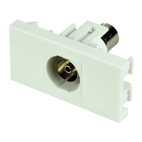 The AV:Link Wall Plate Module - Coaxial Keystone Socket is a rectangular white wall plate that features a central circular coaxial cable connector. It includes two mounting slots on either side and has a metallic connector at the back, making it ideal for connecting your digital TV aerial.