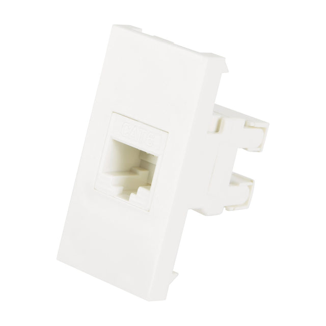 AV:Link Cat6 RJ45 ethernet keystone module in white with front socket and rear punchdown IDC terminals, shown on a plain white background.
