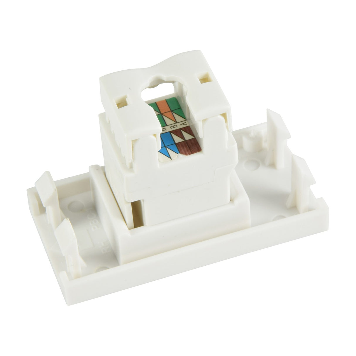 AV:Link Cat6 RJ45 ethernet keystone module in white with colour-coded T568A/B punchdown terminals, shown separated from its wall plate frame insert.