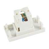 AV:Link Cat6 RJ45 ethernet keystone module in white with colour-coded T568A/B punchdown terminals, shown separated from its wall plate frame insert.