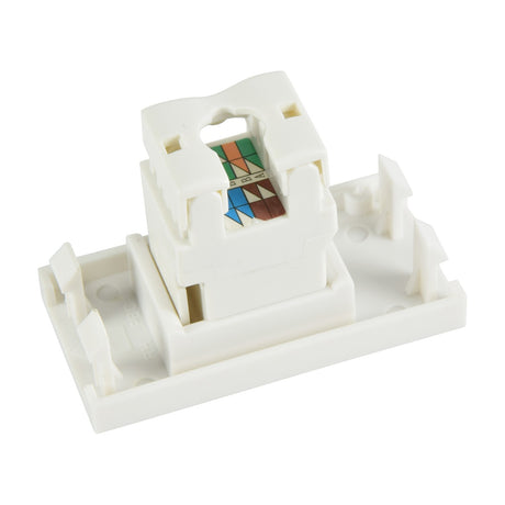 AV:Link Cat6 RJ45 ethernet keystone module in white with colour-coded T568A/B punchdown terminals, shown separated from its wall plate frame insert.