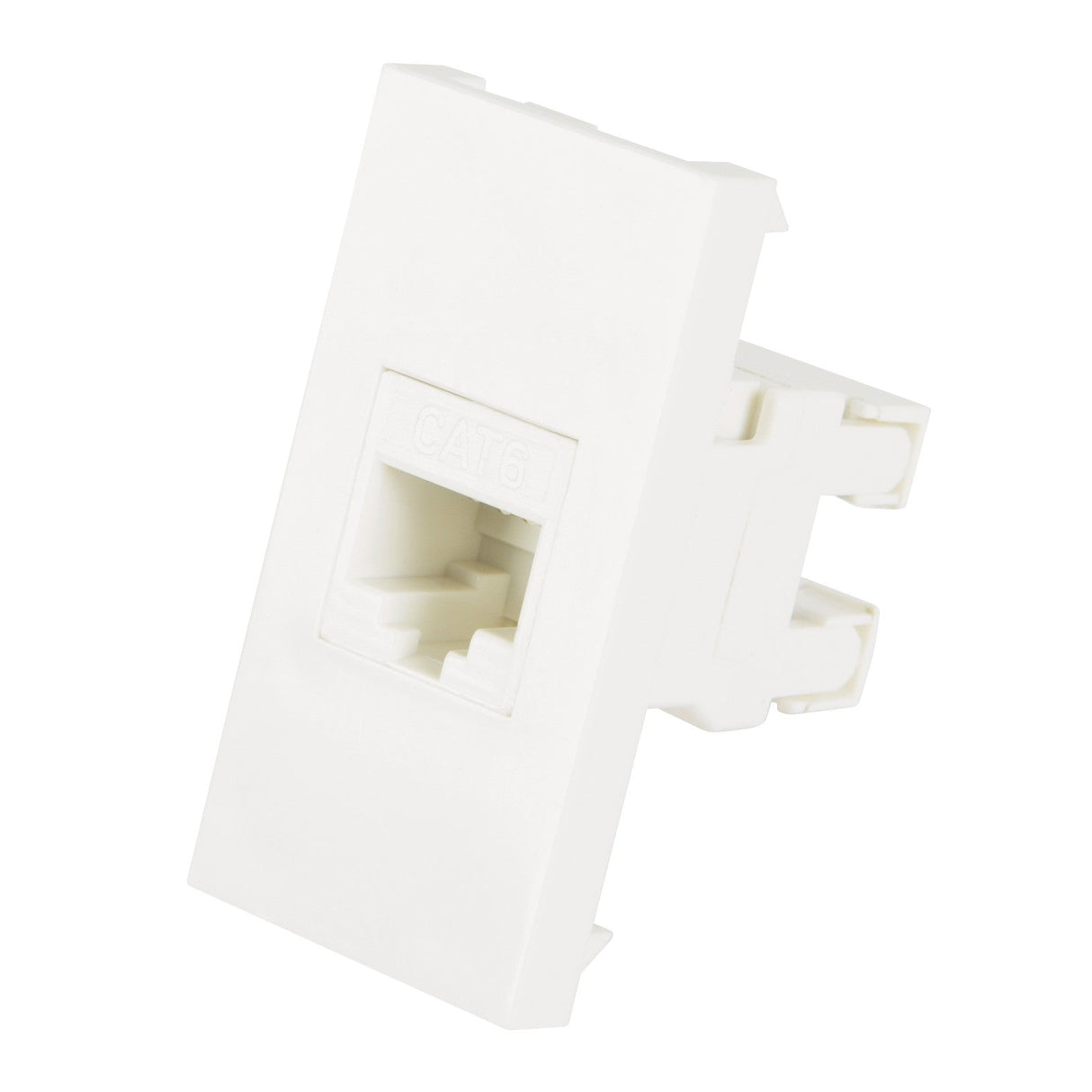 A white AV:Link wall plate module, designed for mounting, with a rectangular appearance and equipped with a single Cat6 RJ45 Ethernet socket for network cable connections.