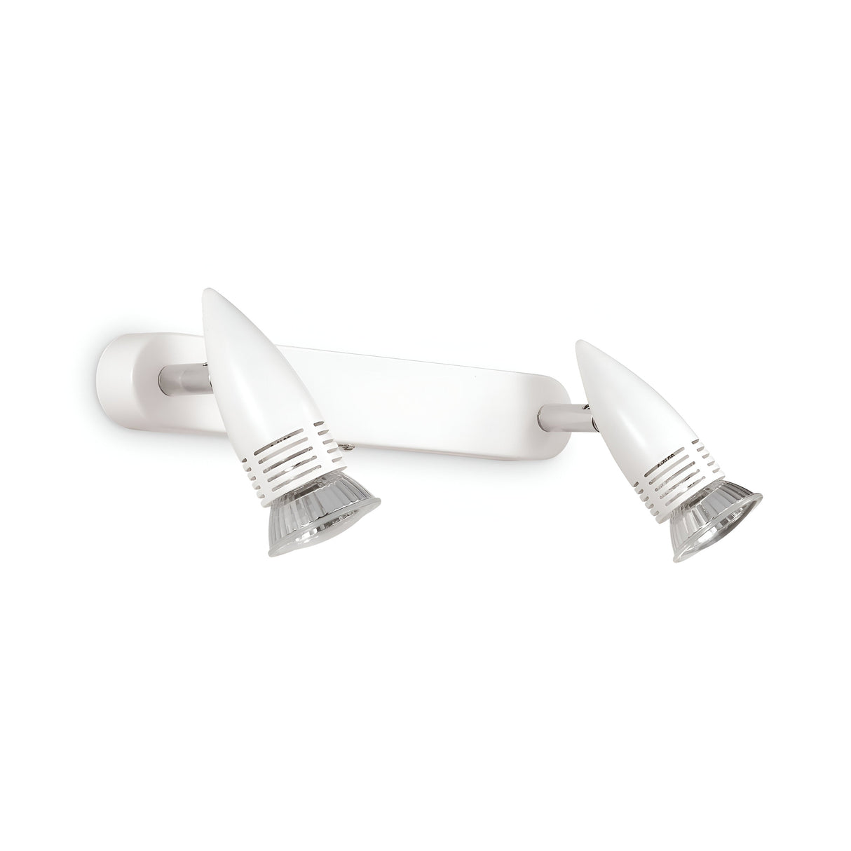 The Omega Twin Bar Spotlight - White is a contemporary wall-mounted fixture featuring two adjustable cone-shaped heads in a satin white finish. Each head is designed with grooves and a reflective interior, providing a sleek and minimalistic look suitable for any modern space.