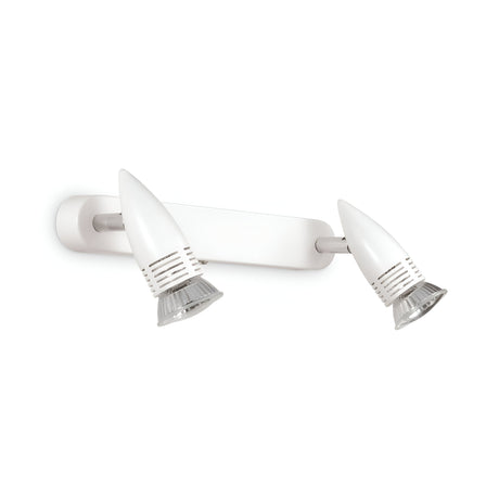 The Omega Twin Bar Spotlight - White is a contemporary wall-mounted fixture featuring two adjustable cone-shaped heads in a satin white finish. Each head is designed with grooves and a reflective interior, providing a sleek and minimalistic look suitable for any modern space.