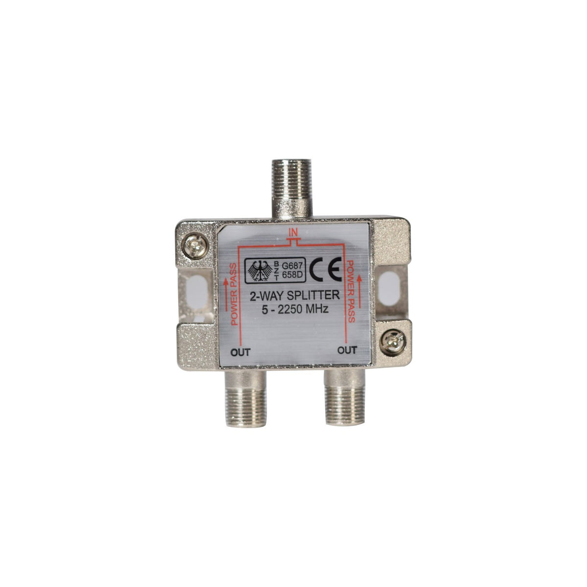 Mercury 2-way satellite F splitter with zinc die-cast housing, single F-type input and two F-type outputs, 5-2250MHz, on a white background.