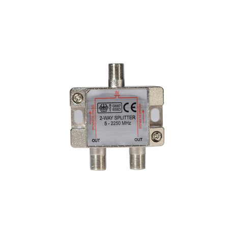Mercury 2-way satellite F splitter with zinc die-cast housing, single F-type input and two F-type outputs, 5-2250MHz, on a white background.