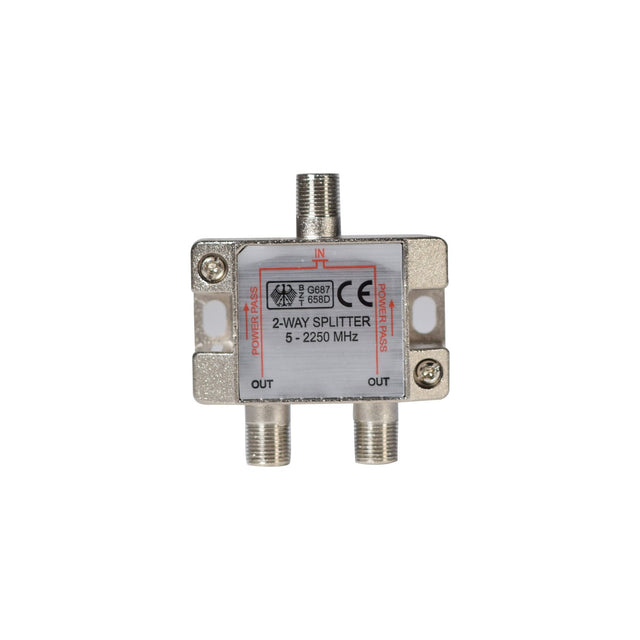 Mercury 2-way satellite F splitter with zinc die-cast housing, single F-type input and two F-type outputs, 5-2250MHz, on a white background.
