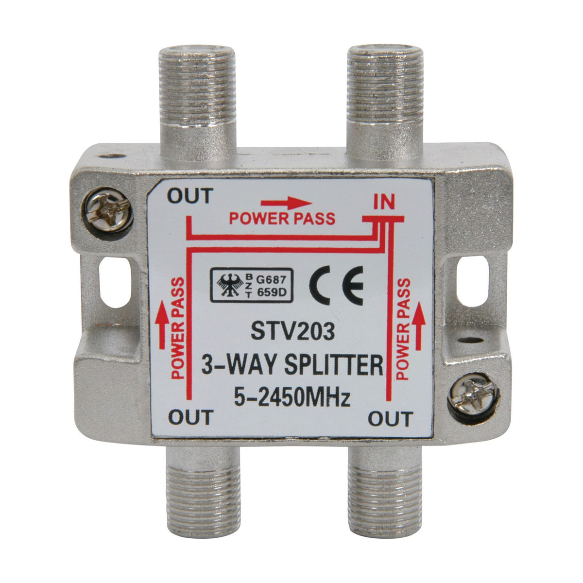 AVSL STV203 3-way satellite F splitter in zinc die-cast housing with one input and three F-type threaded output ports, shown on a white background.