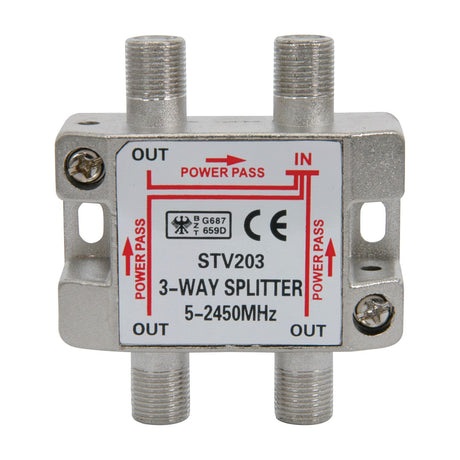 AVSL STV203 3-way satellite F splitter in zinc die-cast housing with one input and three F-type threaded output ports, shown on a white background.