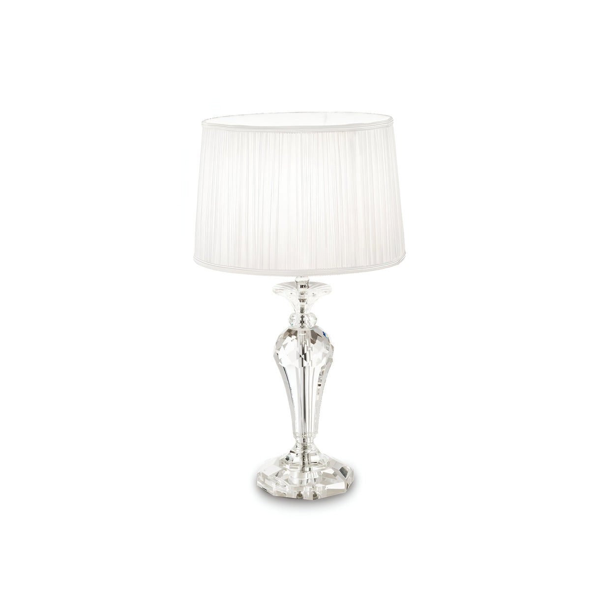 The Serene 2 Crystal Table Lamp in white features a transparent crystal design with an ornate base and a pleated fabric lampshade, bringing elegance to any room.