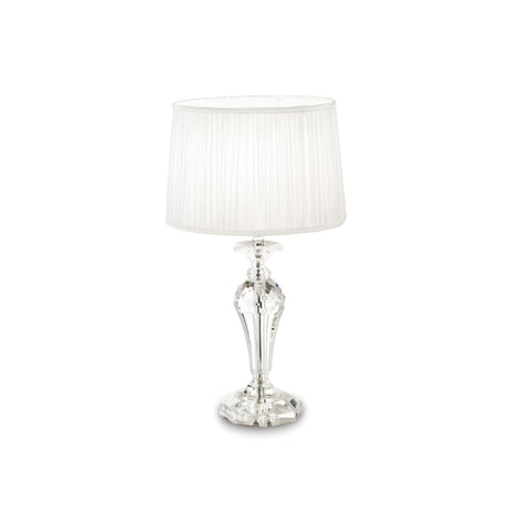 The Serene 2 Crystal Table Lamp in white features a transparent crystal design with an ornate base and a pleated fabric lampshade, bringing elegance to any room.