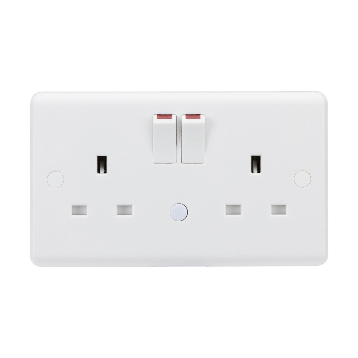 The 13A 2 Gang DP Switched Socket With Nightlight (Rounded Edge) is a white double outlet with anti-microbial properties, featuring two sockets and dual switches on a plain background, designed for safety with switches currently off.