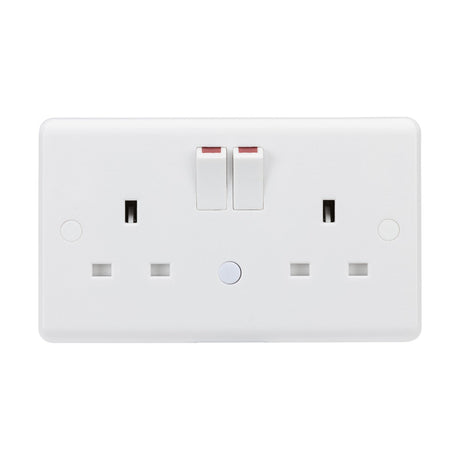 The 13A 2 Gang DP Switched Socket With Nightlight (Rounded Edge) is a white double outlet with anti-microbial properties, featuring two sockets and dual switches on a plain background, designed for safety with switches currently off.