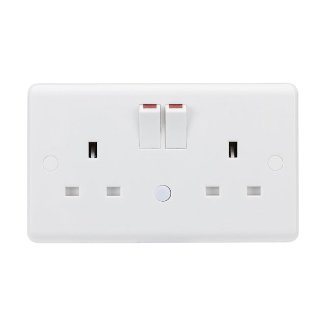 The 13A 2 Gang DP Switched Socket With Nightlight (Rounded Edge) is a white double outlet with anti-microbial properties, featuring two sockets and dual switches on a plain background, designed for safety with switches currently off.