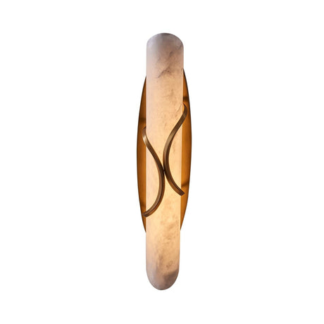 The Valora LED Sculpted Cylinder Alabaster Wall Light features a soft white alabaster shade, gold curved metal accents, and a brushed brass backplate, creating a modern touch against a white background.