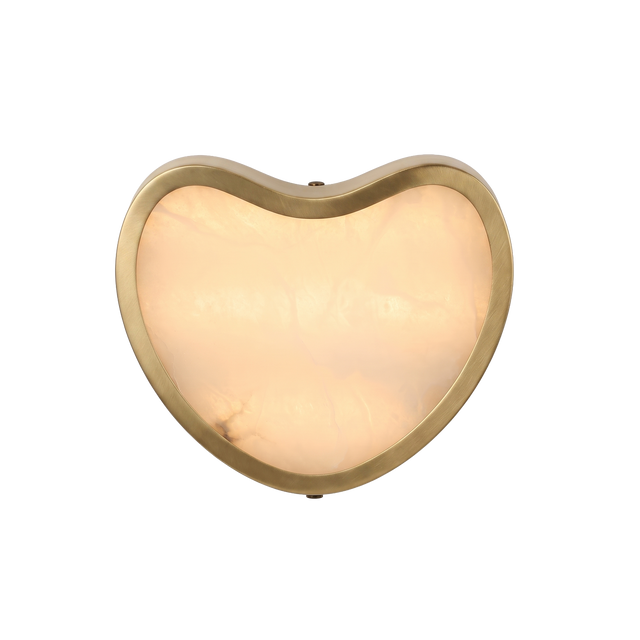 Niori Marea LED alabaster wall light with a heart-shaped brushed brass frame around a warm-lit natural alabaster face, shown on a white background.