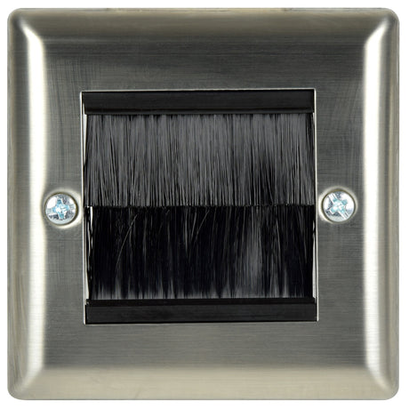 AV:Link steel single gang brush wallplate with twin black bristle aperture and two silver fixing screws, shown on a plain background.