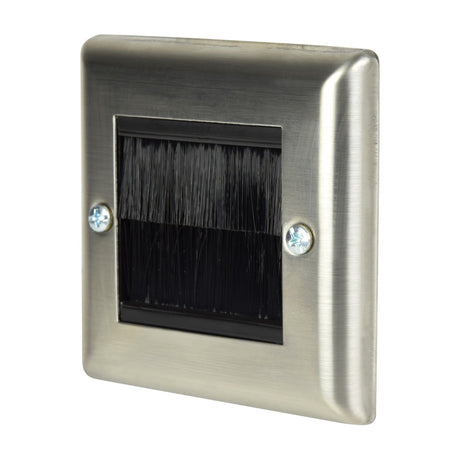 AV:Link steel single gang AV wallplate with square brushed cable aperture and twin black brushes, secured by two screws on a white background.