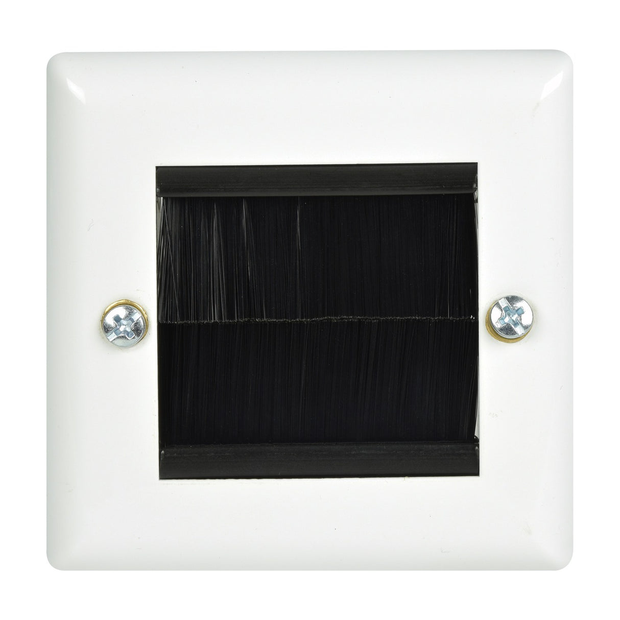 AV:Link single gang steel brush wallplate in white with square aperture, twin black brushes and two cross-head fixing screws.